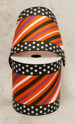 4" Orange, Purple, Black, White Stripes with Black and White Dot Border-Halloween Ribbon-Ellis Home & Garden