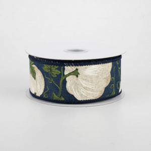 1.5" White Pumpkins on Navy Linen Ribbon