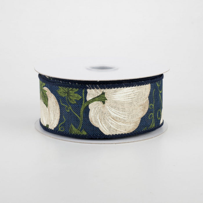 1.5" White Pumpkins on Navy Linen Ribbon