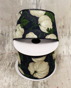 2.5" Ivory Pumpkins on Navy Linen Ribbon
