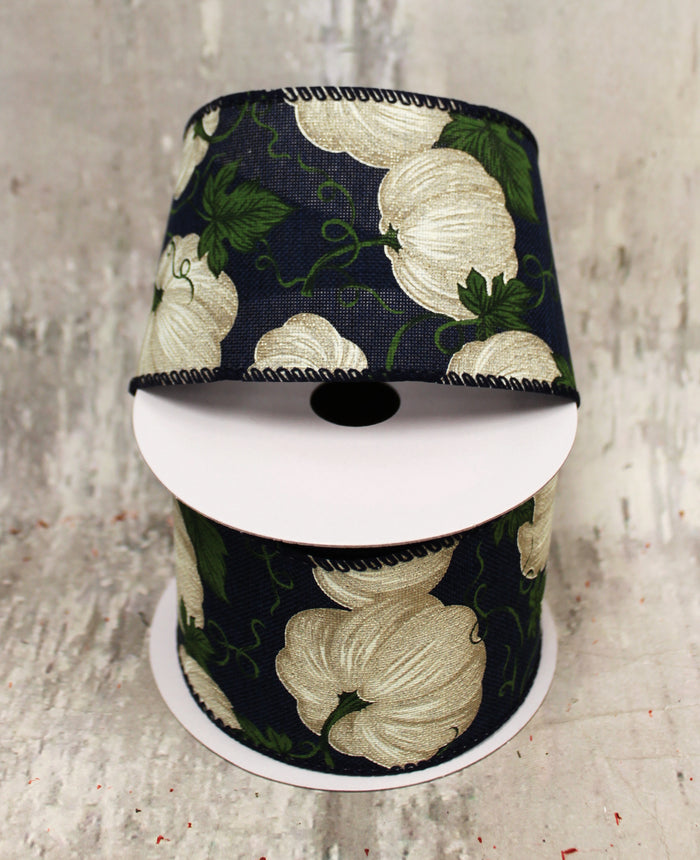 2.5" Ivory Pumpkins on Navy Linen Ribbon