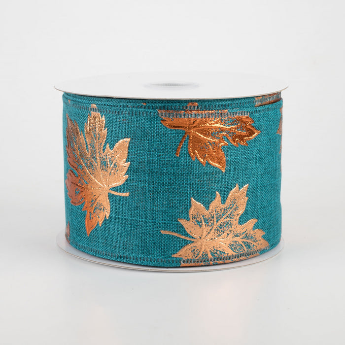 2.5" Copper Embossed Fall Leaves on Teal Ribbon