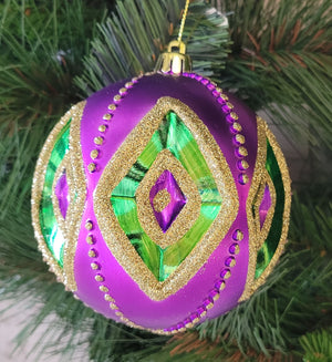 100mm Diamond Pattern Ball Ornament: Purple, Green, Gold